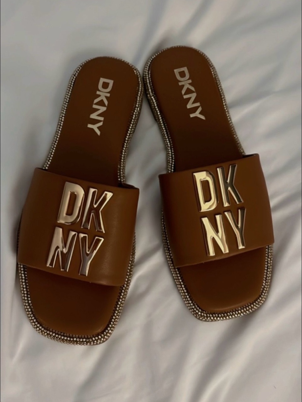 DKNY Brown Slides with Gold Logo Hardware